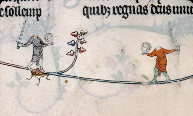 A battle between headless combatants from the Breviary of Renaud de Bar, France, 1302-1303