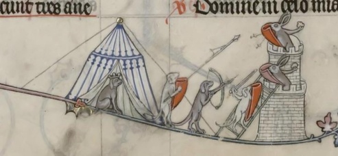 Dogs battle rabbits from the Breviary of Renaud de Bar, France, 1302-1303