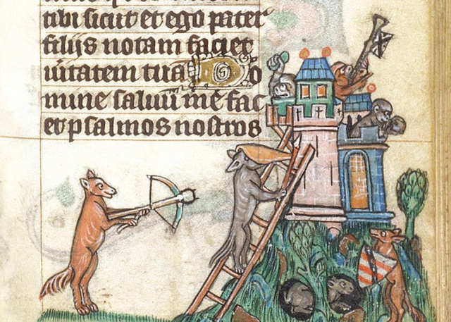 Here, foxes siege a castle of monkeys from a 13th-century Bible.